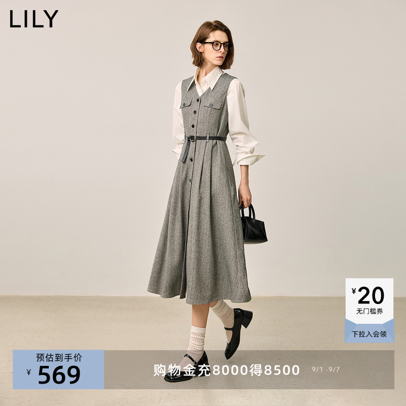 LILY2025冬新款女装格雷系复古无袖收腰V领气质通勤马甲式连衣裙