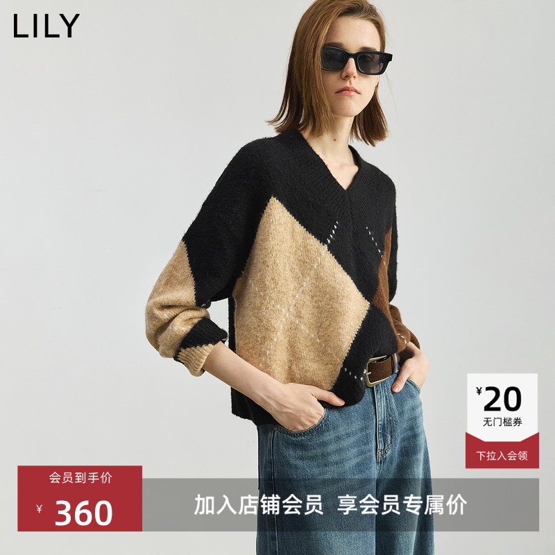 LILY提花撞色学院风复古针织衫