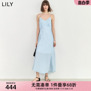 LILY2024夏新款女装设计感时尚印花可调节肩带垂坠感吊带连衣裙女