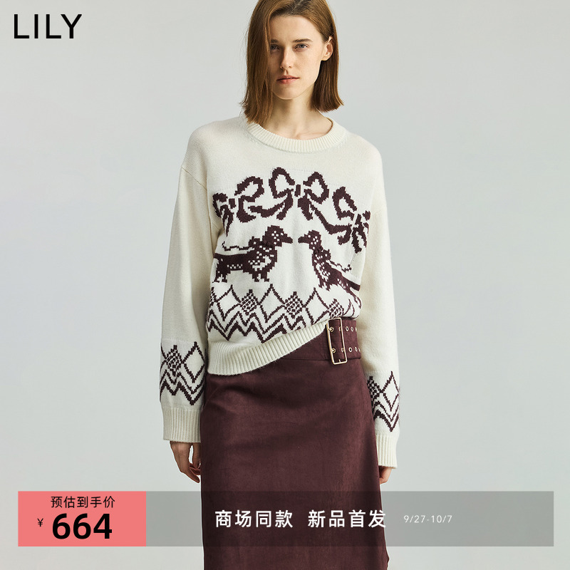 【商场同款】LILY2025秋新款羊毛兔毛混纺费尔岛提花针织衫毛衣女