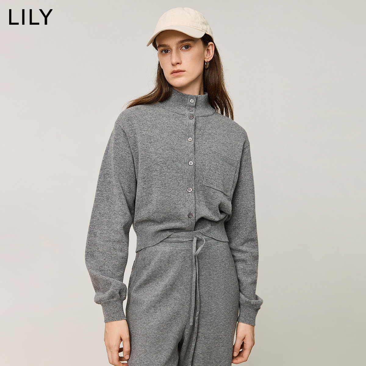 【商场同款】LILY2024冬新款女装绵羊毛休闲运动风立领开衫外套女