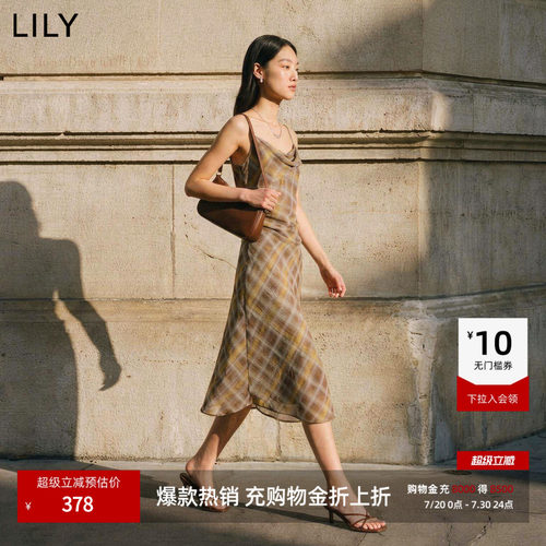 LILY收腰通勤女格纹吊带连衣裙