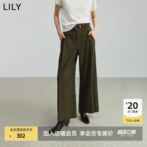 LILY通勤格纹女装直筒休闲阔腿裤