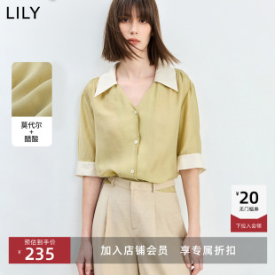 通勤气质衬衫 上衣高级法式 外套 撞色含醋酸柔软V领泡泡袖 LILY新款