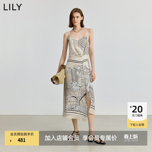 【ART系列】商场同款LILY2025女装醋酸混纺斜裁印花收腰连衣裙