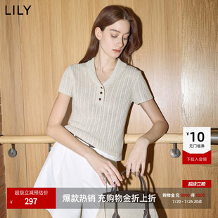 LILY2026夏新款女装莱赛尔亚麻混纺小翻领V领修身纯色短袖针织衫