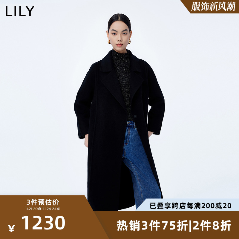 LILY2023冬新款女装全绵羊毛复古气质通勤款时尚黑色毛呢外套大衣