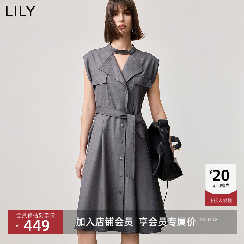 LILY格雷系设计感收腰连衣裙女