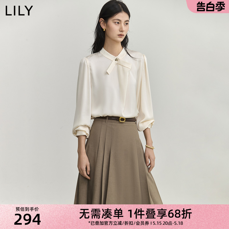 LILY2024夏新款女装气质纯色通勤款垂坠感宽松套头衬衫式雪纺衫女