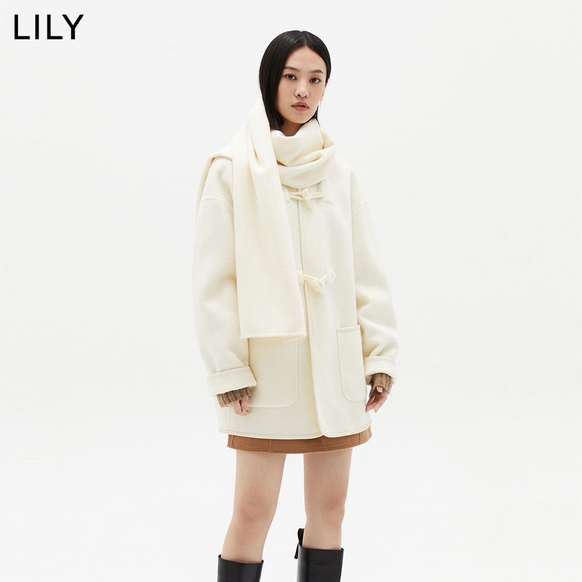 【商场同款】LILY新款女装气质通勤全羊毛围巾毛呢外套大衣