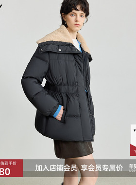 LILY2025冬新款女装复古撞色大毛领收腰90鸭绒通勤黑色羽绒服外套