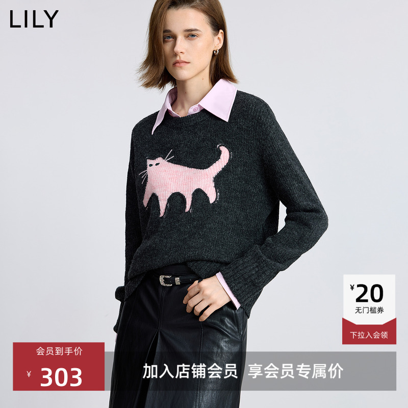 LILY撞色提花圆领猫咪套头针织衫