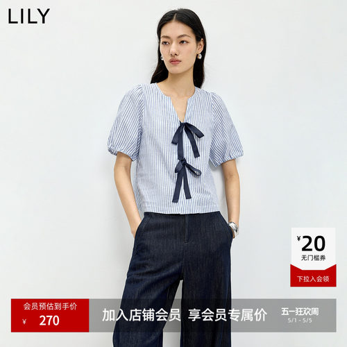 LILY通勤蝴蝶结棉麻短袖混纺衬衫