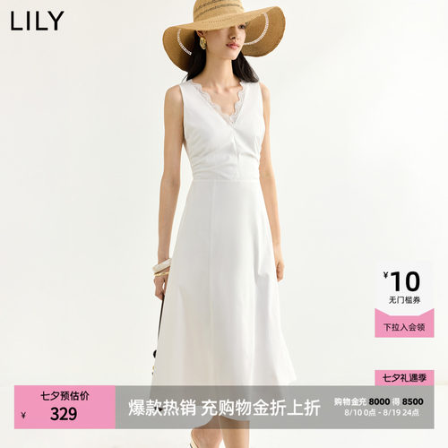 LILY通勤收腰蕾丝拼接无袖连衣裙