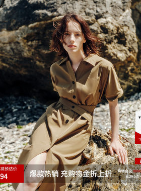 【商场同款】LILY2025新款复古工装风休闲翻领收腰连衣裙女长裙