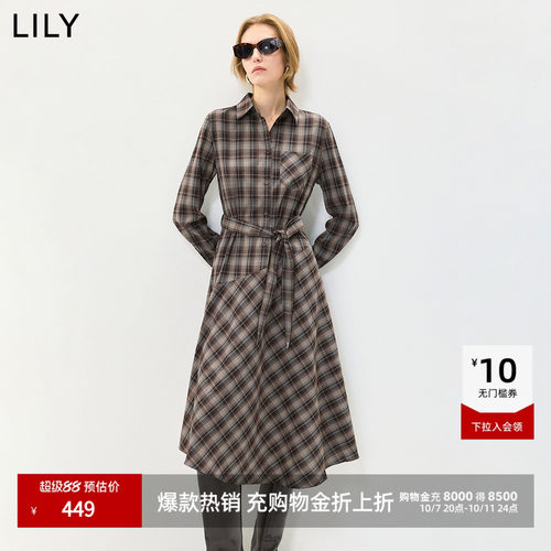 LILY通勤收腰格纹长袖复古连衣裙