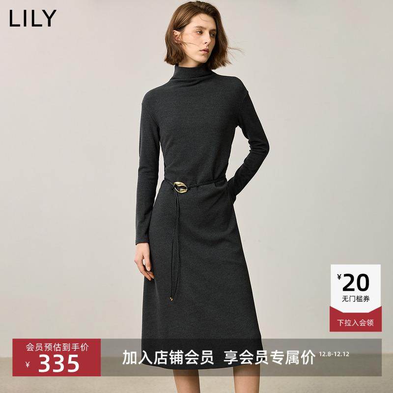 LILY高级气质高领褶皱连衣裙