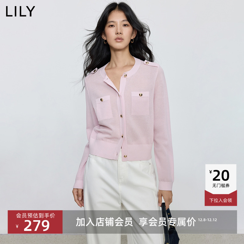 LILY小香风长袖女装粉色针织开衫