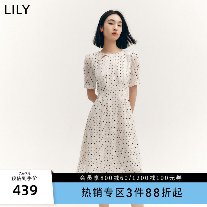 LILY2023秋新款女装时尚复古波点纯色短袖显瘦高腰度假风连衣裙