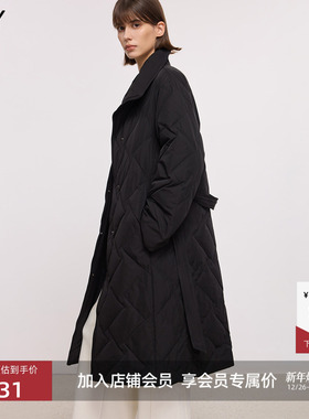 LILY2025冬新款女装复古立领翻领腰带收腰百搭通勤黑色羽绒服外套