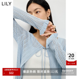 LILY2026夏新款女装莱赛尔亚麻混纺系带薄款蓝色长袖针织开衫罩衫