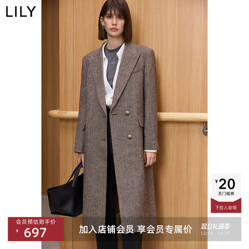 LILY绵羊毛宽肩气质大衣
