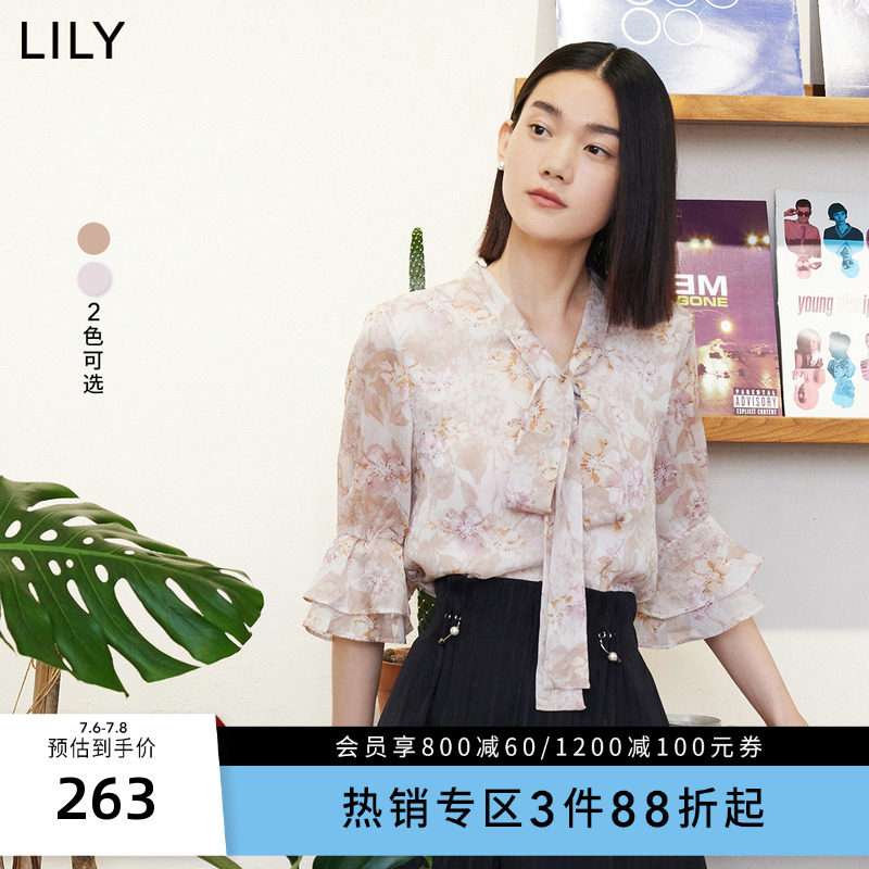 LILY夏新款女装复古法式印花气质V领浪漫飘带宽松垂感雪纺衫