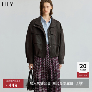 【商场同款】LILY2025秋新款女装复古工装休闲深色仿麂皮夹克外套