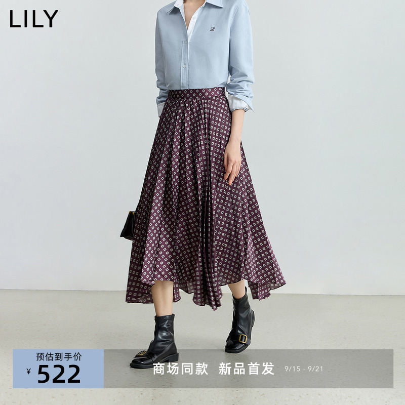【商场同款】LILY2025秋新款复古老花印花不规则褶皱半身裙女长裙
