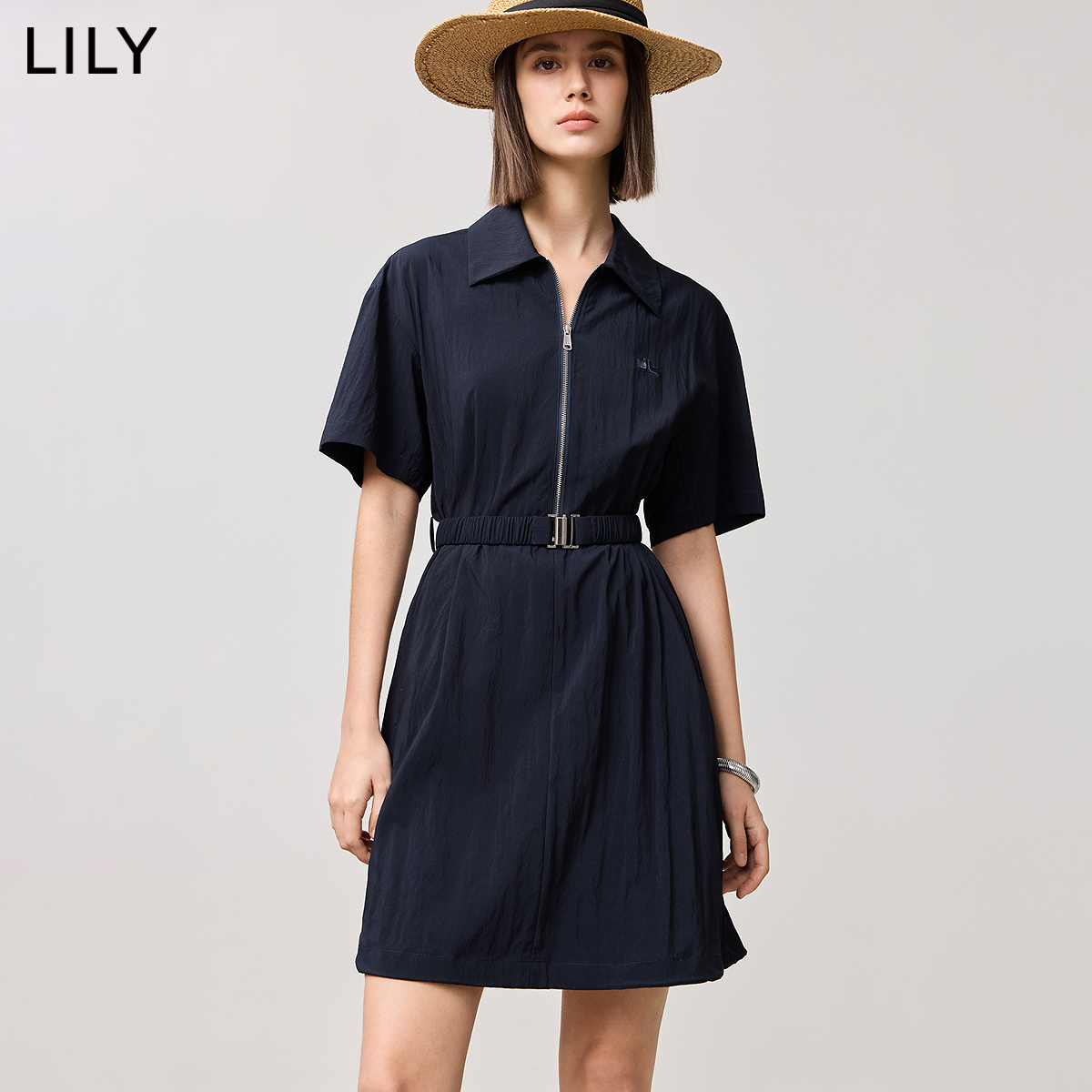 LILY收腰短袖女装拉链连衣裙