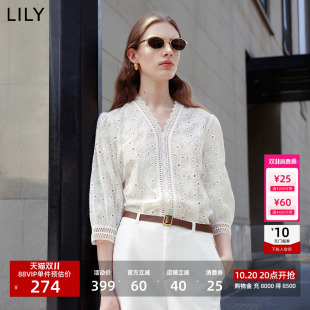 LILY2026夏新款女装莱赛尔混纺法式V领蕾丝七分袖白色套头雪纺衫