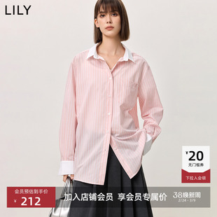 【商场同款】LILY2025新款女装条纹撞色拼接落肩百搭粉色衬衫