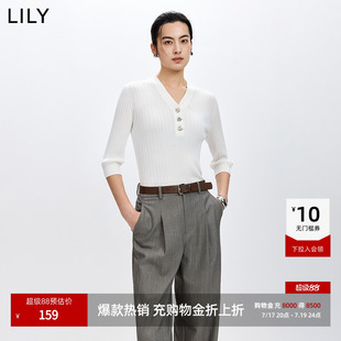 LILY2026春新款女装莱赛尔醋酸混纺V领七分袖修身通勤白色针织衫