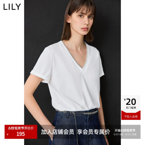 LILY新款V领假两件休闲百搭T恤