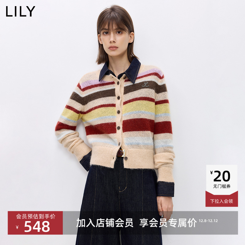 LILY2026春新款女装羊毛马海毛混纺撞色彩色条纹圆领针织开衫外套
