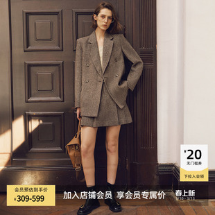 LILY2026新款女装绵羊毛混纺老钱风人字纹驳领廓形通勤西装外套