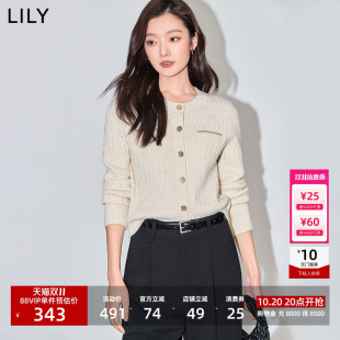 LILY2026春新款女装小香风含绵羊毛通勤短款修身米色针织开衫外套