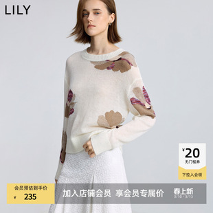 LILY2025冬新款女装含羊毛马海毛撞色花卉提花套头圆领针织衫毛衣