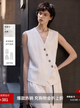 LILY2026新款莱赛尔亚麻复古老钱风不规则斜门襟V领白色马甲女