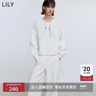 LILY2025冬新款女装极简风宽松休闲通勤白色系带圆领套头卫衣短款