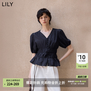 博主同款LILY2026新款女装法式V领收腰休闲通勤泡泡袖短袖衬衫