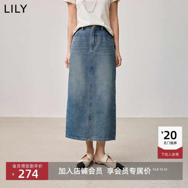 LILY复古休闲开叉半身牛仔裙