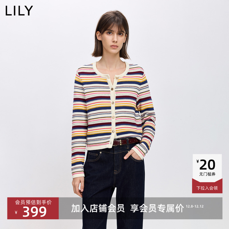 LILY2026春新款纯棉撞色彩色条纹休闲圆领正肩长袖针织开衫外套女