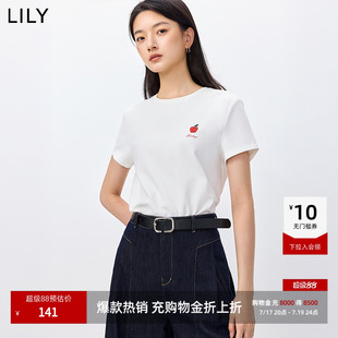 LILY2026春新款撞色苹果刺绣磨毛暖感休闲通勤圆领白色短袖T恤女