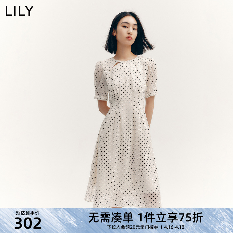 LILY女装时尚复古波点纯色短袖别致显瘦高腰度假风连衣裙气质