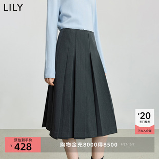 LILY2025冬新款 格雷系加绒弹力气质通勤灰色A字半身裙百褶裙 女装