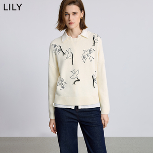 LILY2025冬新款女装设计感幸运鸽刺绣流苏加厚白色针织衫套头毛衣