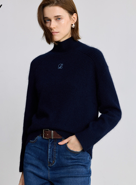 LILY2025冬新款兔绒羊毛混纺纯色半高领绣花加厚套头针织衫毛衣女