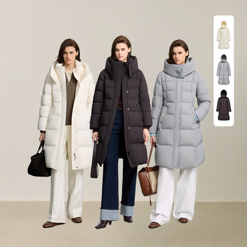 LILY简风长款零压连帽收腰羽绒服