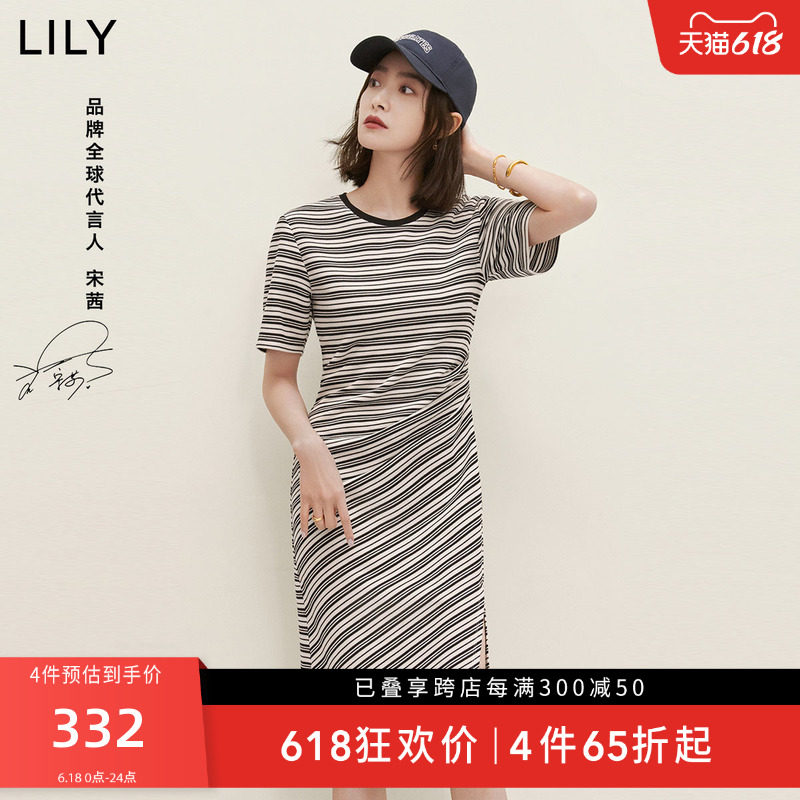 【宋茜明星同款】LILY2023夏新款时髦开叉修身显瘦条纹短袖连衣裙